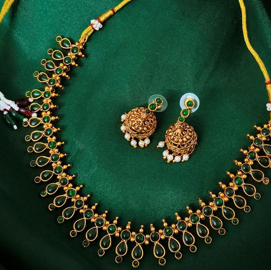 Traditional Green Stone Gold-Plated Necklace Set with Jhumkas