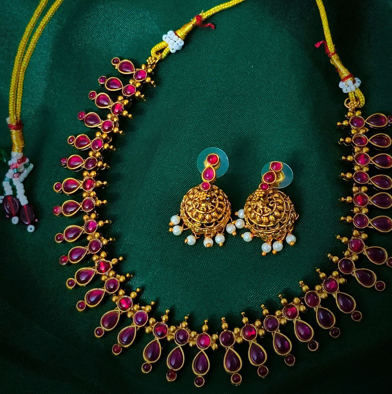 Traditional Green Stone Gold-Plated Necklace Set with Jhumkas